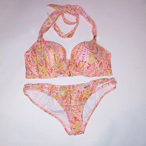 Victoria Secret Swim Bikini 32C Top XS Bottom Orange Yellow Paisley Halter Light